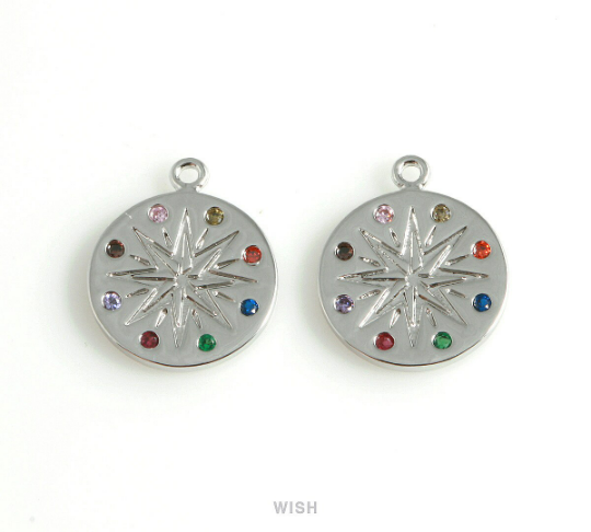 Gold Star Disc with Birthstone Pendant, Multi Color Coin Gems / MG-428-P