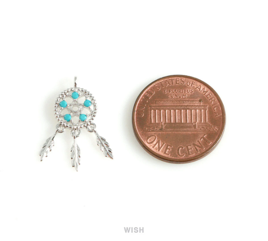Turquoise Dreamcatcher Pendants in Rhodium, Dreamcatcher Charm / MRH-441-P