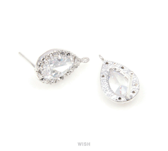 Teardrop Cubic Stud Earrings in Rhodium, Teardrop Cubic Zirconia / CRH-032-E