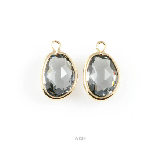 Gray Pear Glass Charm in Rhodium, Glass Framed Pendant /GGYRH-040-P