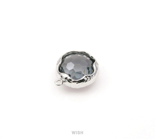Charcoal Faceted Glass Charms in Rhodium, Framed Round Pendant /GCCRH-090-P (Small)