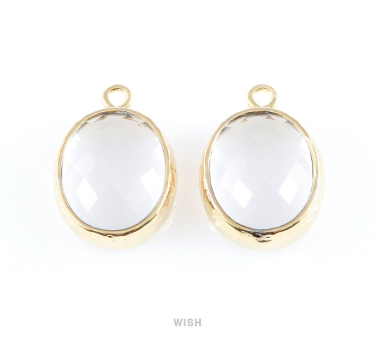 Clear Faceted Glass Charms in Rhodium, Framed Oval Pendant / GCLRH-009-P