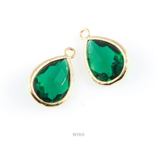 Emerald Teardrop Glass Charm in Rhodium, Framed Drop Glass Gem / GEMRH-005-P