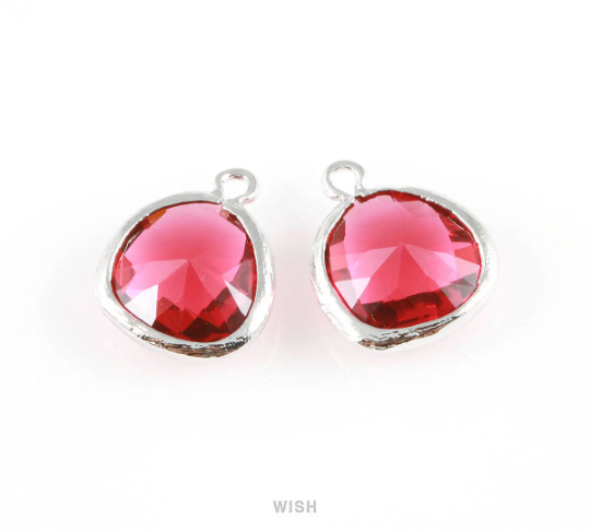 Ruby Faceted Glass Charm in Gold, Framed Drop Glass Gem / GRBG-004-P