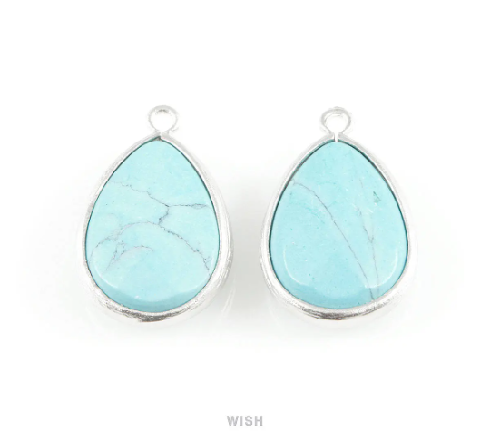 Turquoise Synthetic Stone Charms in Matte Gold, Framed Teardrop Pendant / STQMG-010-P