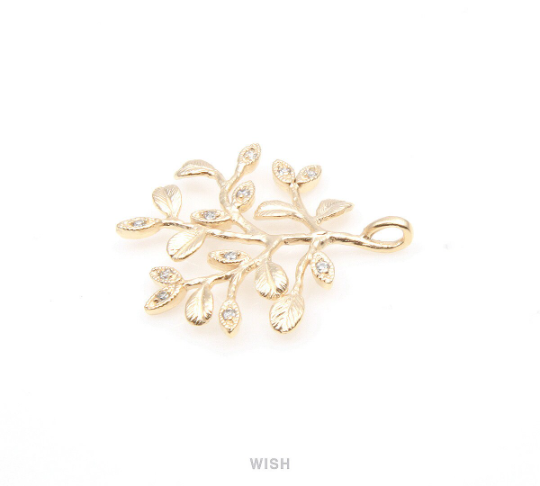 Leaves and Branch with Cubic Zirconia Pendant in Matte Gold, Tree Charm / MMG-259-P