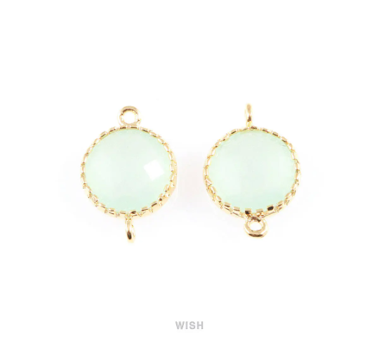 Light Mint Faceted Glass Connector in Rhodium, Framed Round Connector / GLMRH-008-P