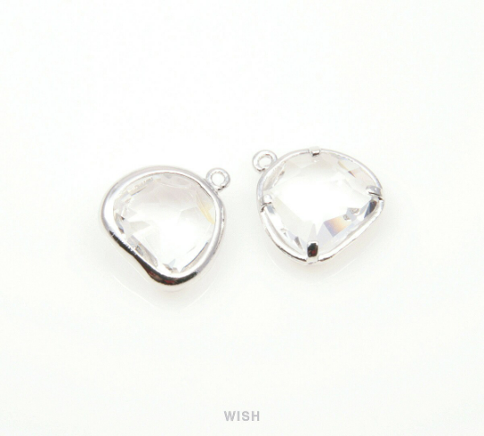 Clear Pear Glass Charm in Rhodium, Glass Framed Pendant /GCLRH-093-P