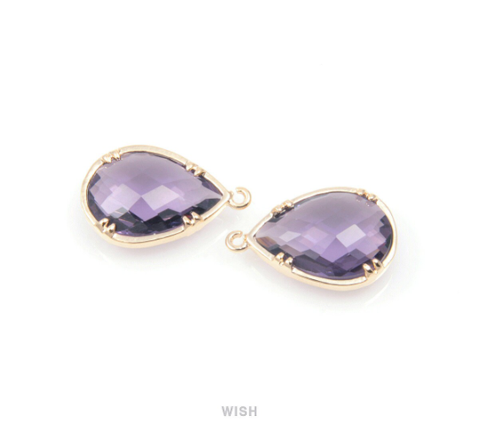Amethyst Teardrop Glass Charm in Gold, Framed Drop Glass Gem / GTZG-092-P