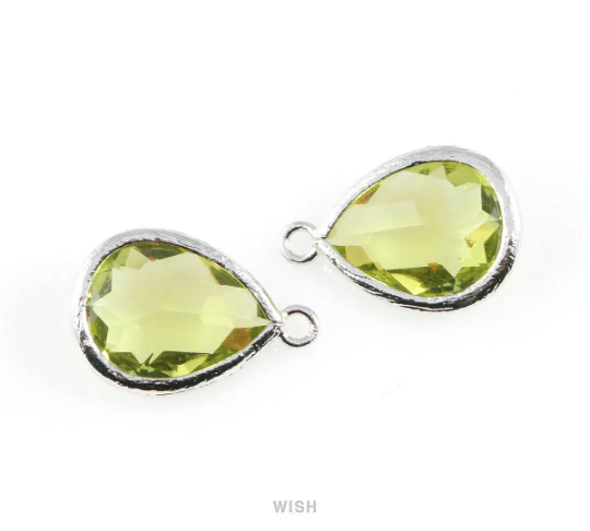 Apple Green Teardrop Glass Charm in Gold, Framed Drop Glass Gem / GAPG-005-P