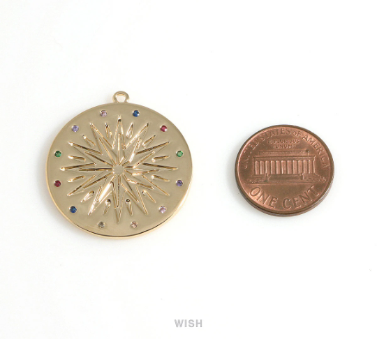 Large Gold Star Disc with Birthstone Pendant, Multi Color Coin Gemstone / MG-428-P2 (1pcs)