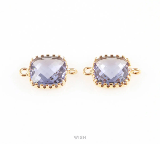 Amethyst Faceted Glass Connector in Rhodium, Framed Square Connector / GTZRH-007-P