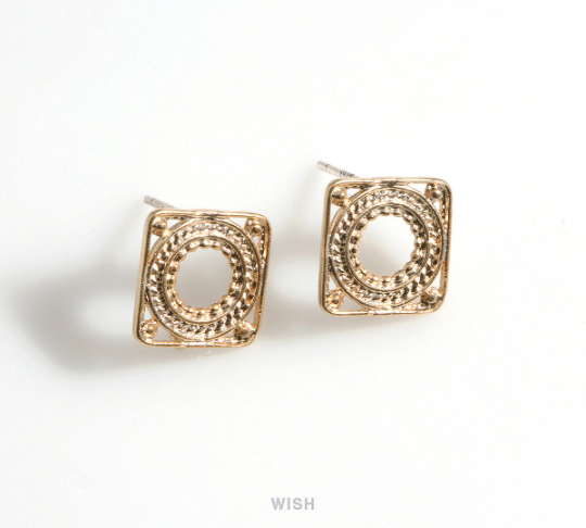 Square Stud Earrings in Matte Rhodium, Oriental Patterned Square Ear Studs / MMRH-606-E