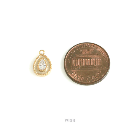 Teardrop Cubic Zirconia Charms in Matte Gold, Drop Pendants with a CZ / MMG-719-P