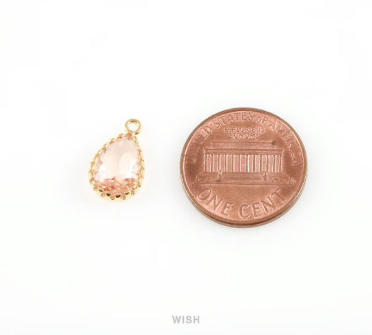 Peach Teardrop Glass Charm in Rhodium, Framed Drop Glass Gem / GPCRH-017-P