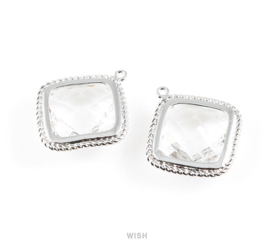 Clear Diamond Shape Pendants in Gold, Framed Diamond Charms / GCLG-032-P