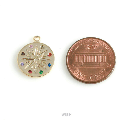 Gold Star Disc with Birthstone Pendant, Multi Color Coin Gems / MG-428-P