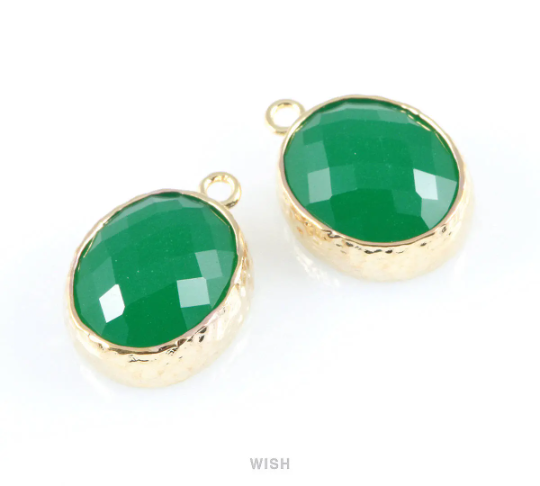 Palace Green Faceted Glass Charms in Rhodium, Framed Oval Pendant / GPGRH-009-P