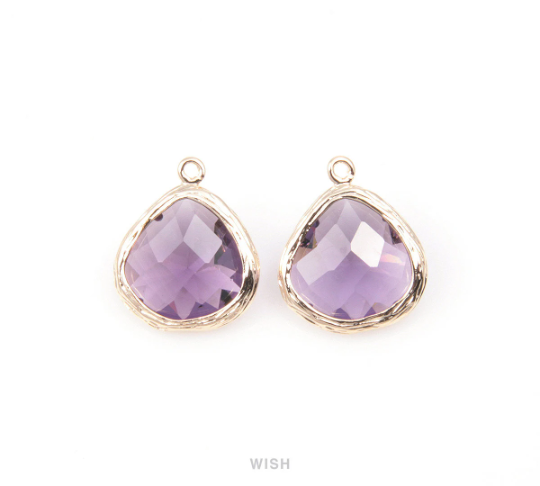 Amethyst Faceted Glass Drop Charm in Rhodium, Amethyst Charms / GTZRH-036-P