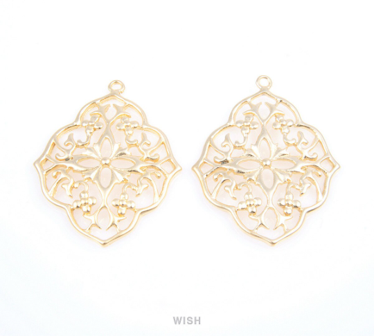 Floral Shield Pendants in Matte Rhodium, Oriental Floral Charm / MMRH-057-P