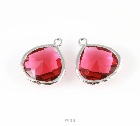 Ruby Faceted Glass Charm in Gold, Framed Drop Glass Bead / GRBG-001-P (Large)