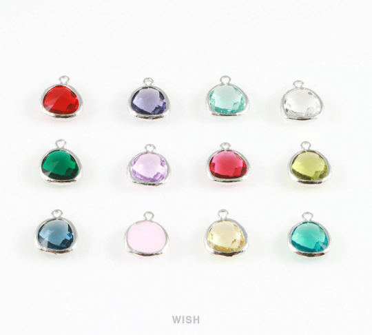 Peridot Faceted Glass Charm in Rhodium, Framed Drop Glass Gem/ GPDRH-004-P (Medium)
