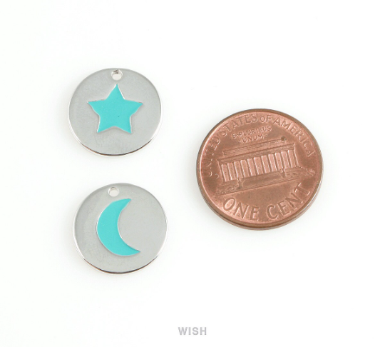 Turquoise Crescent Disc Pendants in Rhodium, Crescent Charm / MRH-407-P