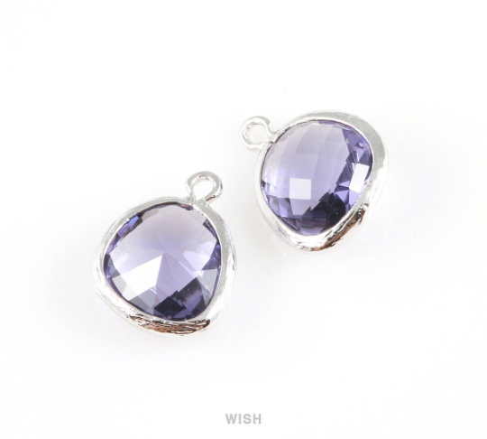Amethyst Faceted Glass Charm in Gold, Framed Drop Glass Gem / GTZG-004-P (Medium)