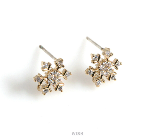Snowflake Stud Earrings with CZ in Rhodium, CZ Snow Crystal Stud Earrings / CRH-073-E