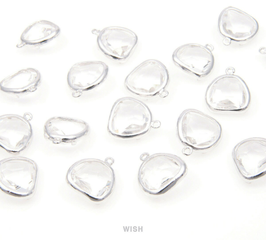 Clear Pear Glass Charm in Rhodium, Glass Framed Pendant /GCLRH-093-P