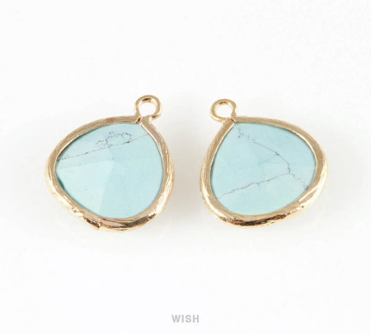 Turquoise Faceted Glass Charm in Rhodium, Framed Glass Bead / GTQRH-001-P (Large)