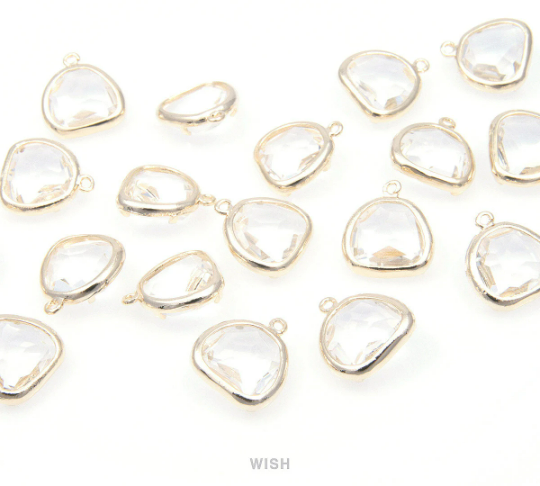 Clear Pear Glass Charm in Gold, Glass Framed Pendant /GCLG-093-P