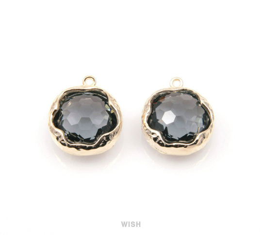 Charcoal Faceted Glass Charms in Rhodium, Framed Round Pendant /GCCRH-090-P (Small)