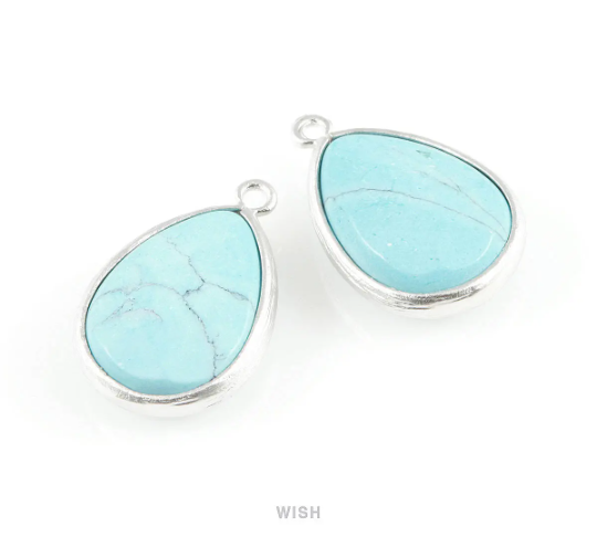 Turquoise Synthetic Stone Charms in Matte Gold, Framed Teardrop Pendant / STQMG-010-P