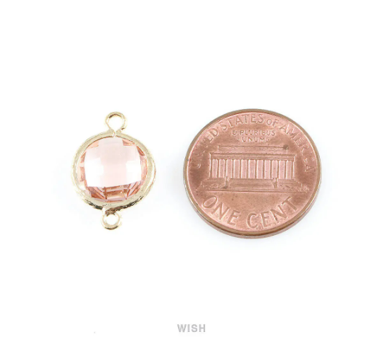 Rose Quartz faceted Glass Connector in Rhodium, Framed Round Glass Bead / GRQRH-014-P