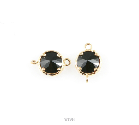 Jet Black faceted Glass Connector in Gold, Framed Round Glass Bead / GJTG-015-P