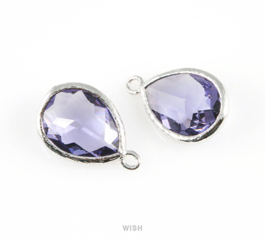 Amethyst Teardrop Glass Charm in Gold, Framed Drop Glass Gem / GTZG-005-P