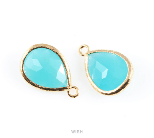 Ocean Blue Teardrop Glass Charm in Rhodium, Framed Drop Glass Gem / GOBRH-005-P