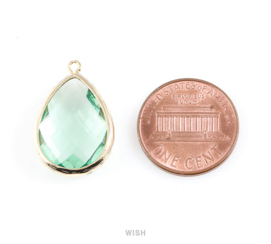Light Mint Teardrop Glass Charm in Gold, Framed Drop Glass Gem / GLMG-044-P