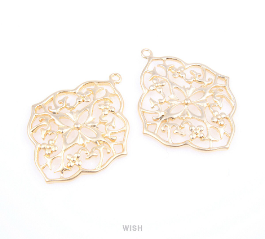 Floral Shield Pendants in Matte Rhodium, Oriental Floral Charm / MMRH-057-P