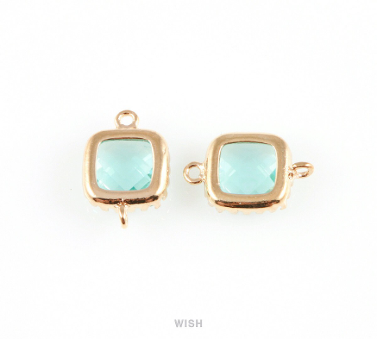 Blue Zircon Faceted Glass Connector in Rhodium, Framed Square Connector / GBZRH-007-P