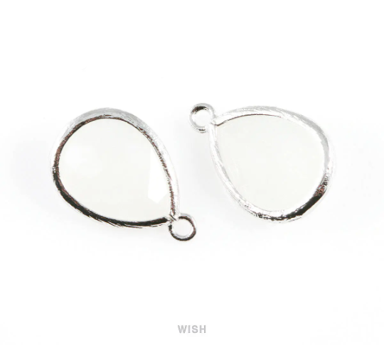 White Alabaster Teardrop Glass Charm in Gold, Framed Drop Glass Gem / GWAG-005-P