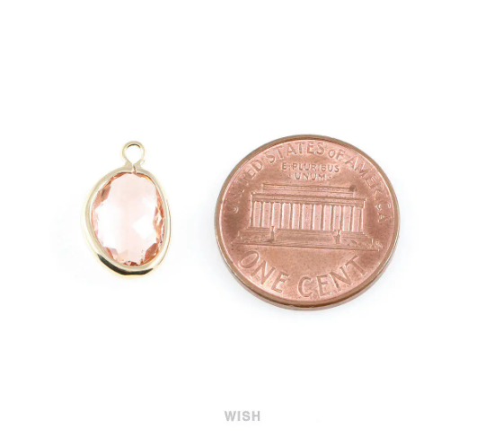Rose Quartz Pear Glass Charm in Gold, Glass Framed Pendant / GRQG-040-P