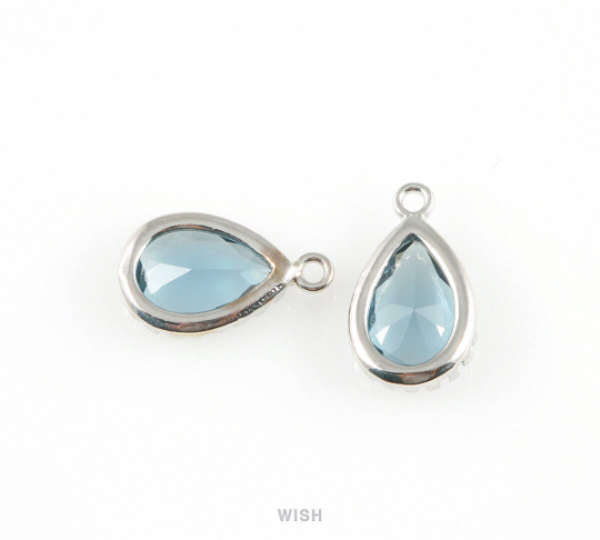 Montan Blue Teardrop Glass Charm in Gold, Framed Drop Glass Gem / GMBG-017-P
