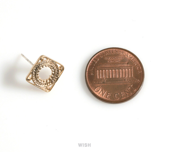 Square Stud Earrings in Matte Rhodium, Oriental Patterned Square Ear Studs / MMRH-606-E
