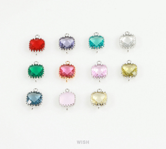 Mint Faceted Square Glass Connector in Rhodium, Framed Square Connector / GMTRH-007-P