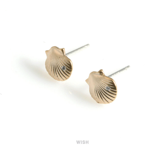 Seashell Stud Earrings in Matt Rhodium, CZ Scallop Seashell Studs / MMRH-569-E