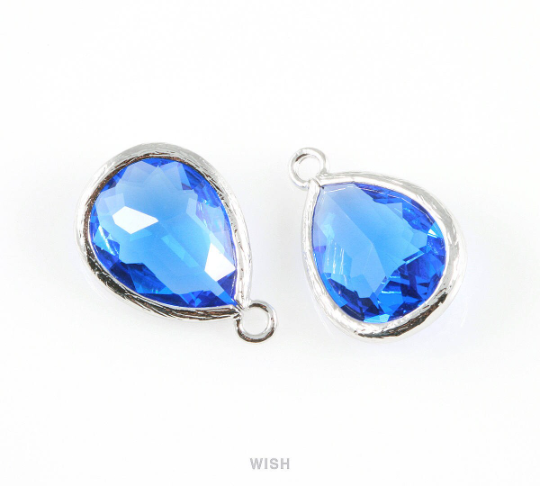 Cobalt Blue Teardrop Glass Charm in Gold, Framed Drop Glass Gem / GCTG-005-P