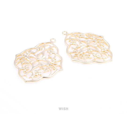 Floral Shield Pendants in Matte Rhodium, Oriental Floral Charm / MMRH-057-P