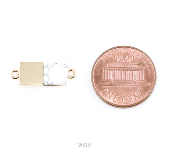 Howlite Rectangle Stone Charm in Rhodium, Gemstone Framed Pendant / SHTRH-055-P